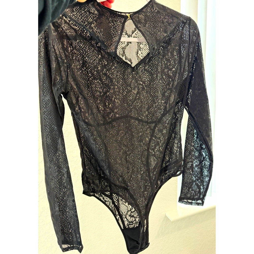 Victoria's Secret Black Snake Print Sheer Stretch Long Sleeve Bodysuit L Sexy!